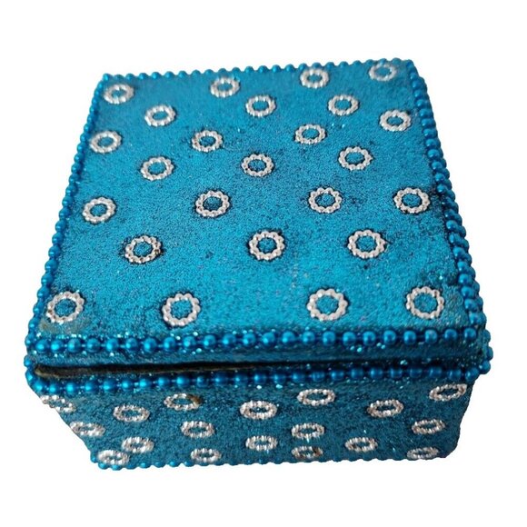 Vintage Blue Square Covered Hand Crafted Beaded Glittery Trinket Box Keepsake - Picture 1 of 8